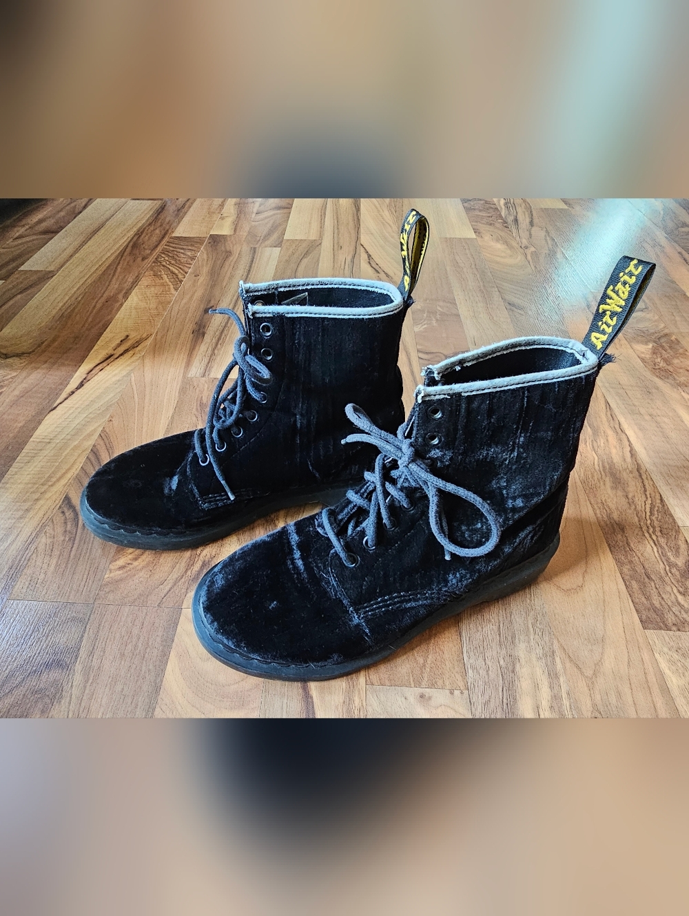 Dr. Martens Black Velvet Lace-Up Combat Boots - Picture 2 of 4